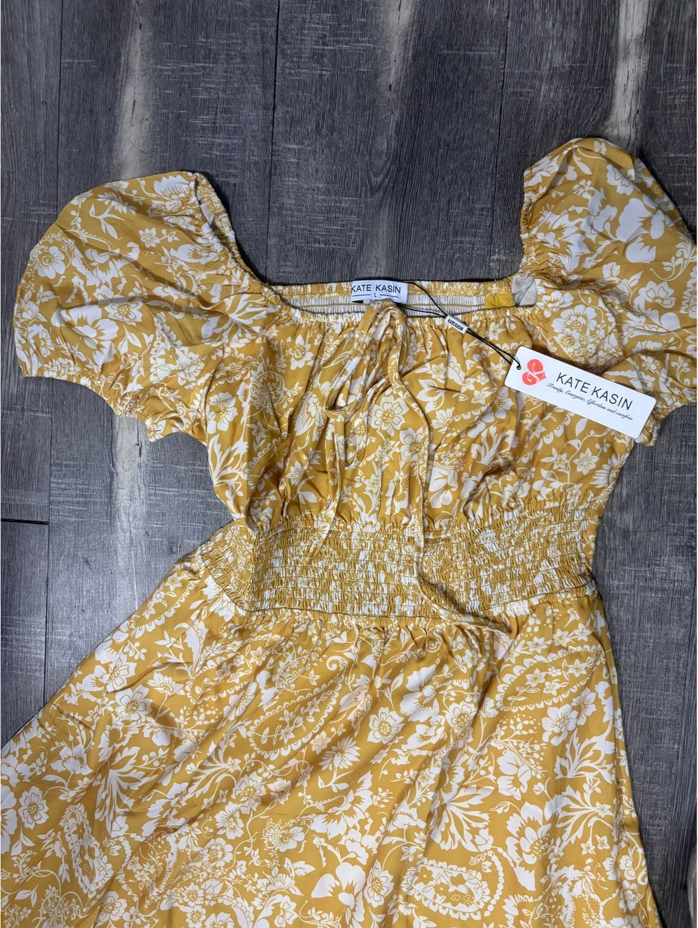 Kate Kasin Women's Yellow Floral Midi Dress Smocked Waist Size L NWT
